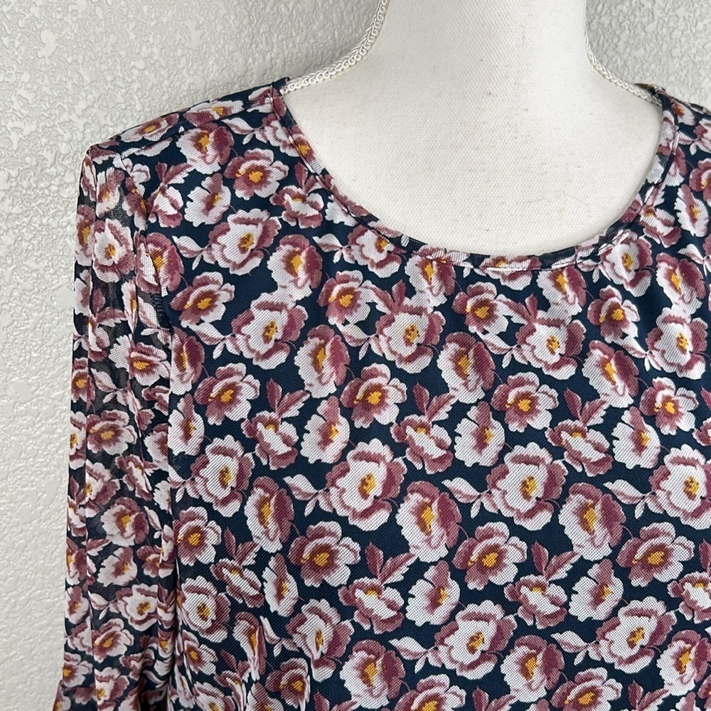 MSK Navy Blue Floral Boho Sheer Ruffle Sleeves Size Large - Picture 2 of 6